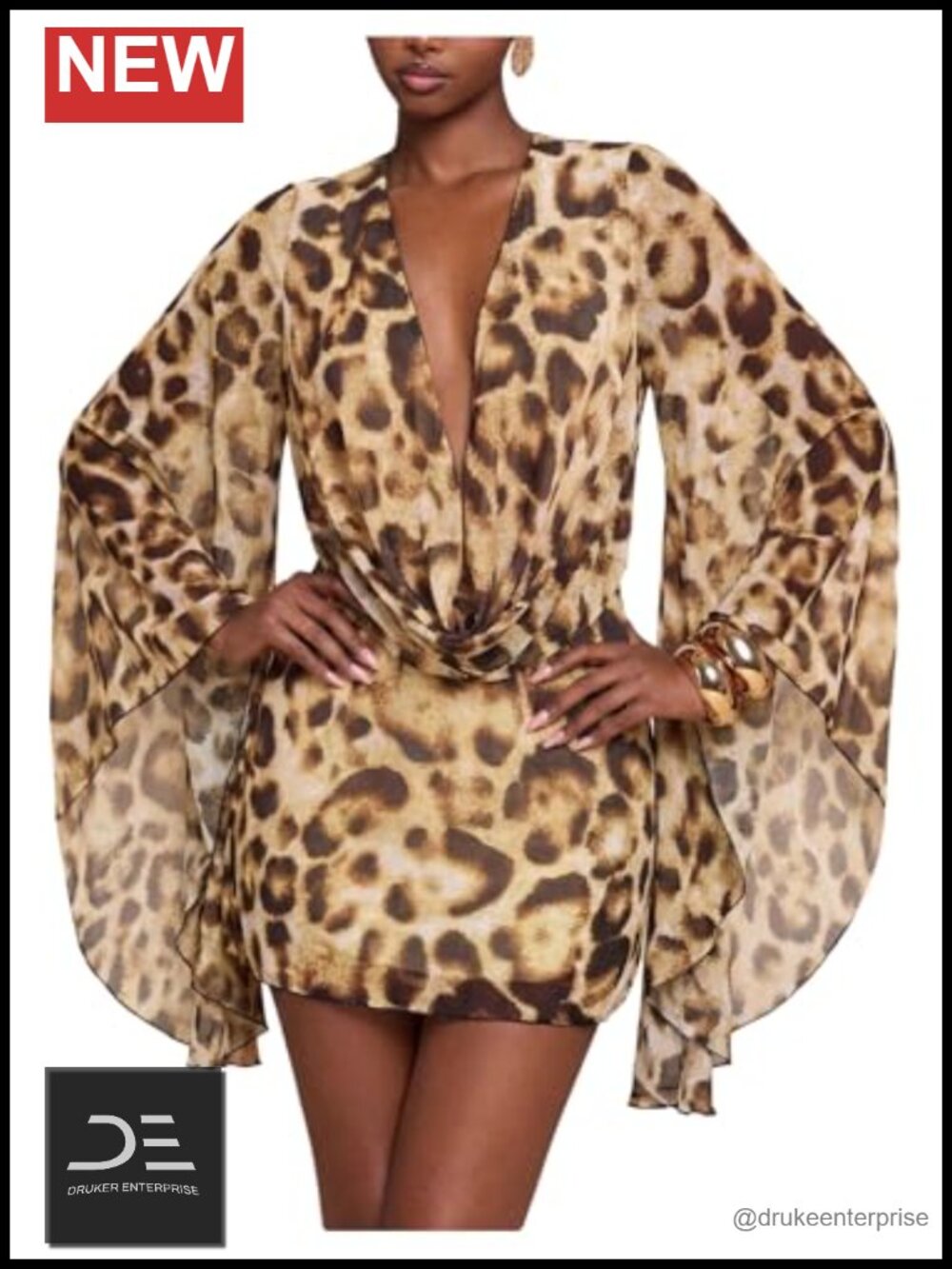 Leopard Print Cowl Neck Bell Sleeve A-Line Mini Dress Semi Sheer